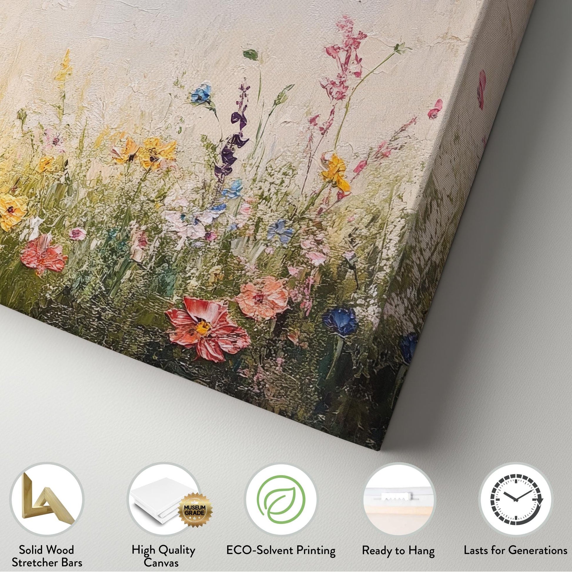 Wildflower Meadow Canvas Art | Impasto Floral Print | Bohemian Wall Art For Living Room | Creamy Beige Art Horizontal Art