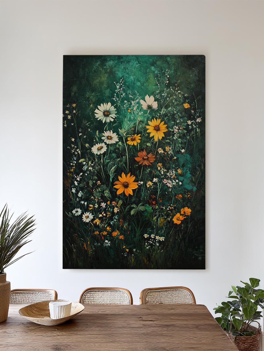 Wildflower Meadow Canvas Art | Impasto Floral Print | Bohemian Maximalist Wall Art For Living Room | Forest Green Amber Art Vertical Canvas
