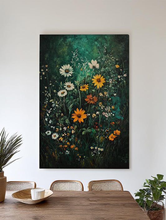 Wildflower Meadow Canvas Art | Impasto Floral Print | Bohemian Maximalist Wall Art For Living Room | Forest Green Amber Art Vertical Canvas
