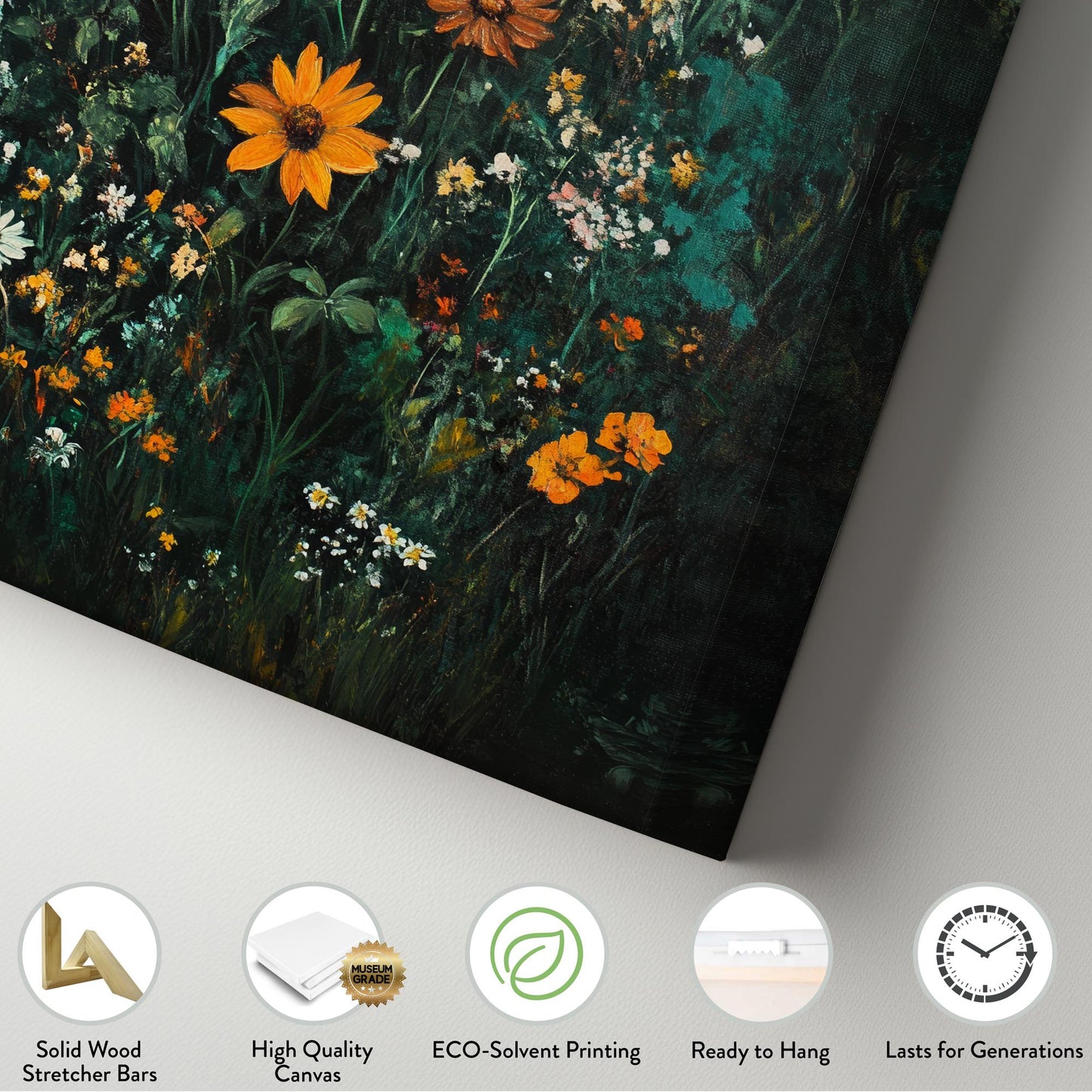 Wildflower Meadow Canvas Art | Impasto Floral Print | Bohemian Maximalist Wall Art For Living Room | Forest Green Amber Art Vertical Canvas