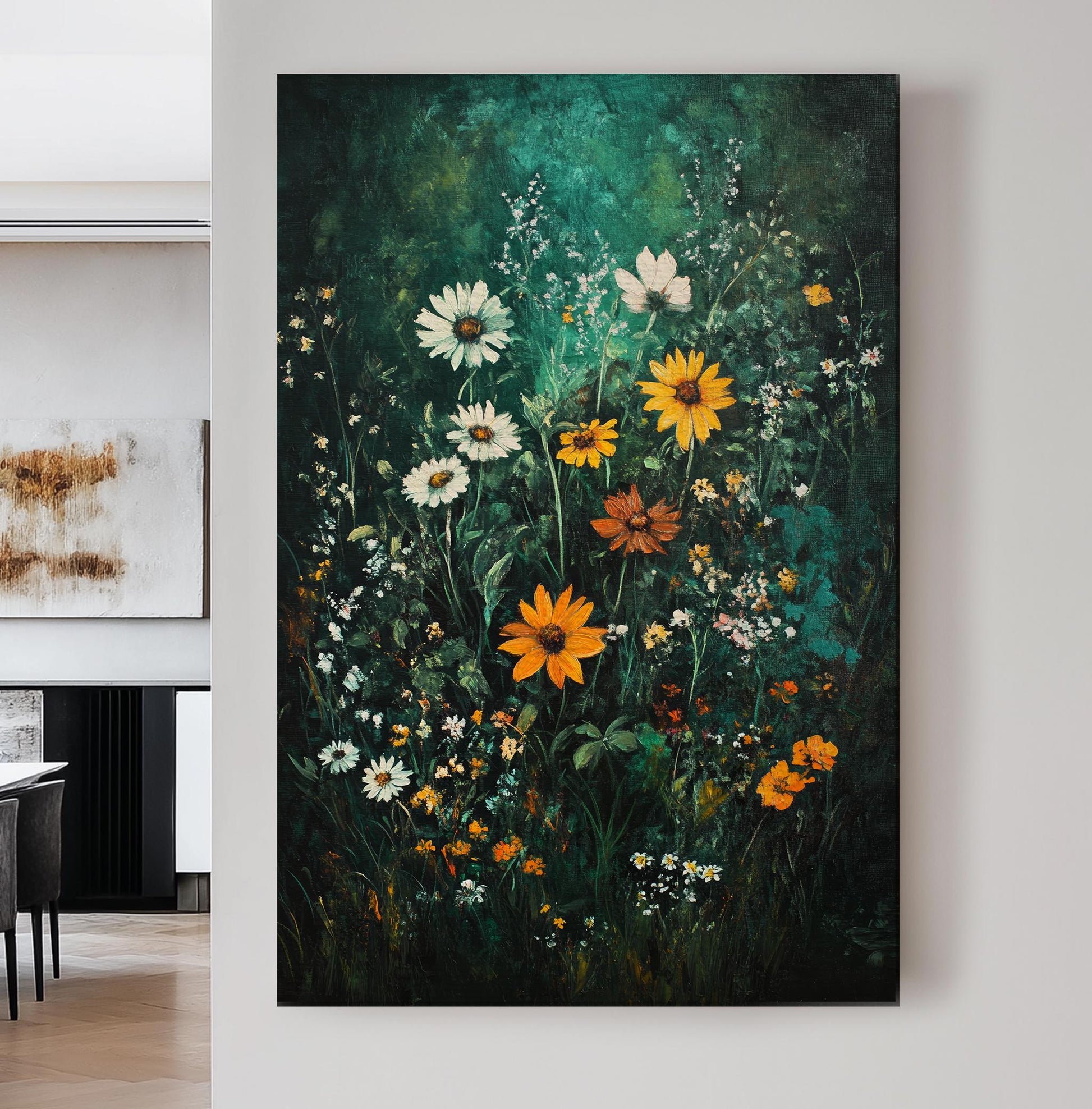 Wildflower Meadow Canvas Art | Impasto Floral Print | Bohemian Maximalist Wall Art For Living Room | Forest Green Amber Art Vertical Canvas