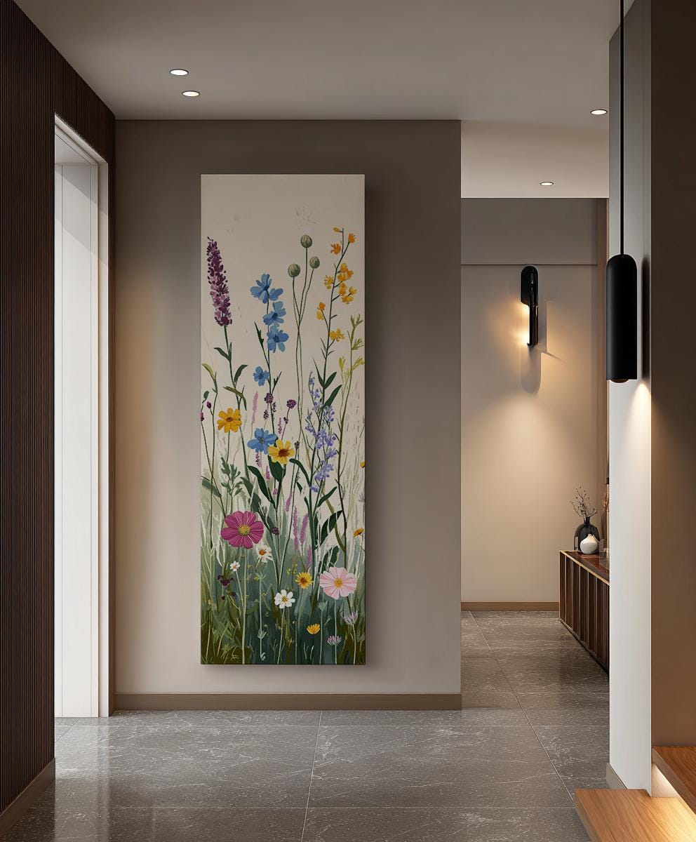 Wildflower Meadow Canvas Art | Impasto Botanical Print | Bohemian Wall Art For Living Room | Creamy Blush Art Long Vertical Art