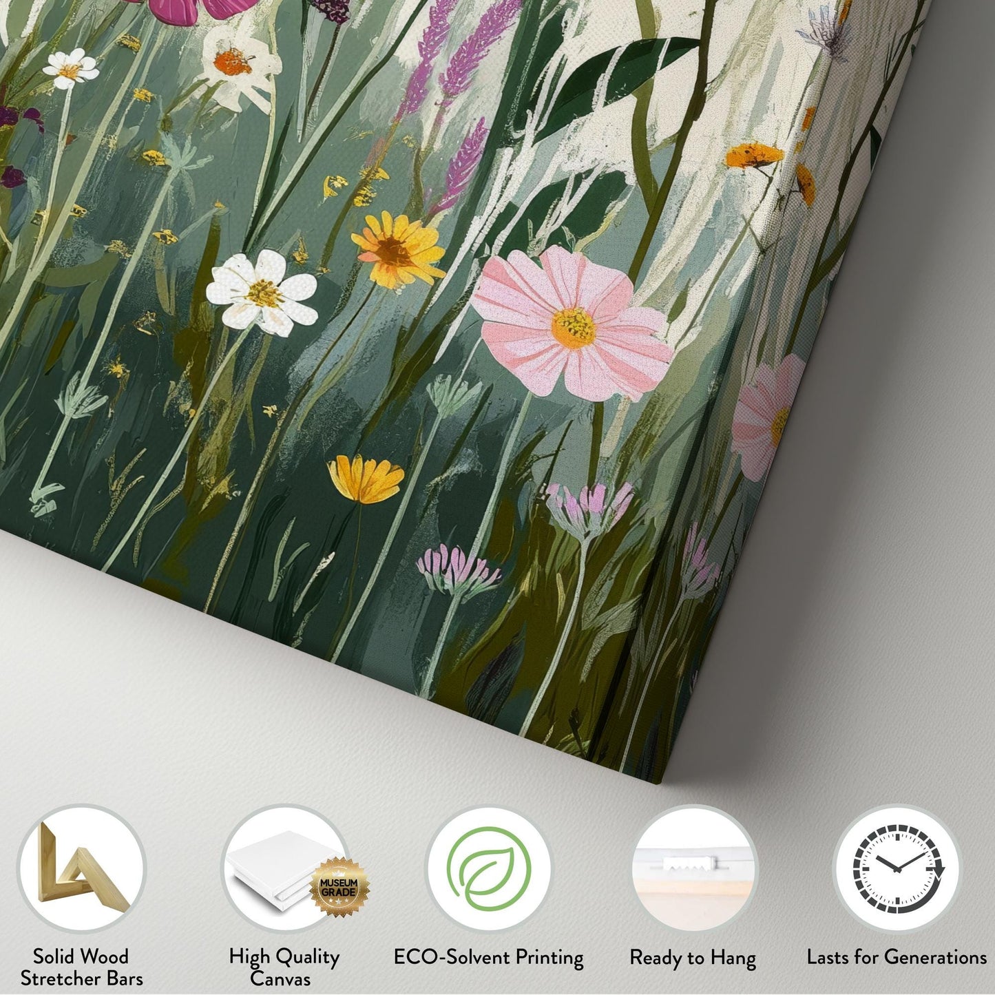 Wildflower Meadow Canvas Art | Impasto Botanical Print | Bohemian Wall Art For Living Room | Creamy Blush Art Long Vertical Art