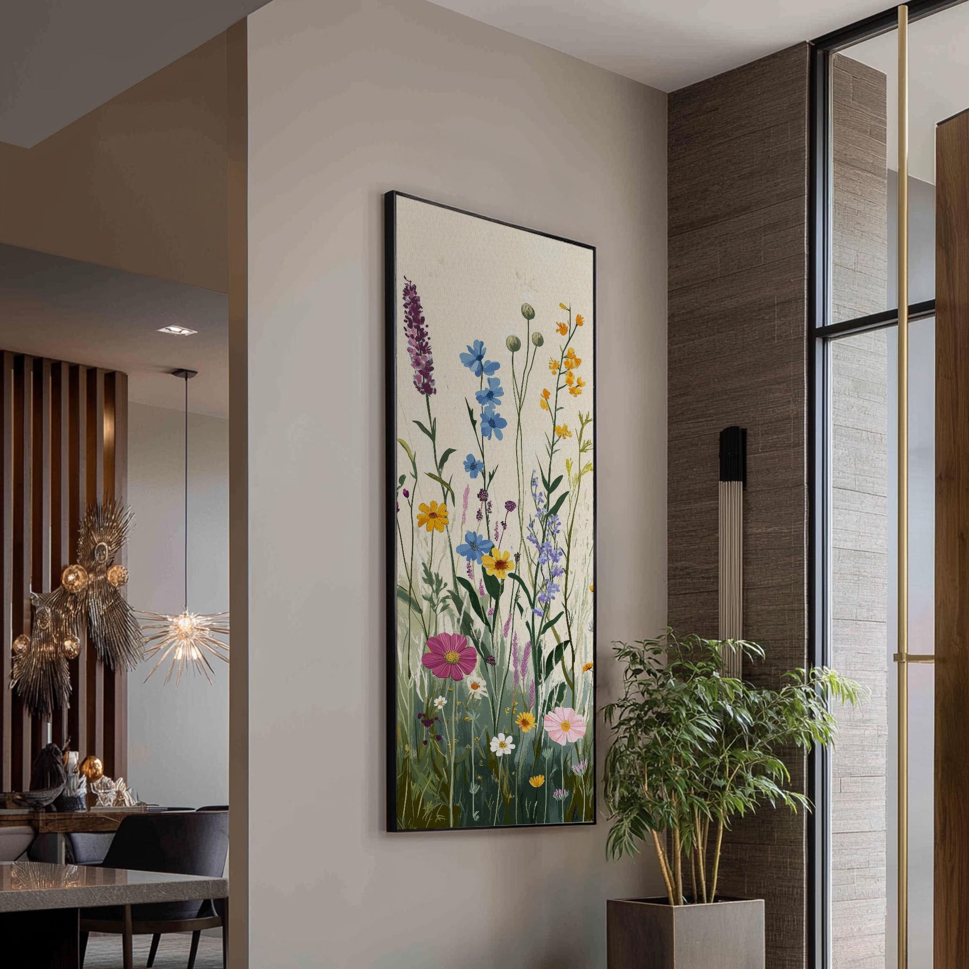 Wildflower Meadow Canvas Art | Impasto Botanical Print | Bohemian Wall Art For Living Room | Creamy Blush Art Long Vertical Art