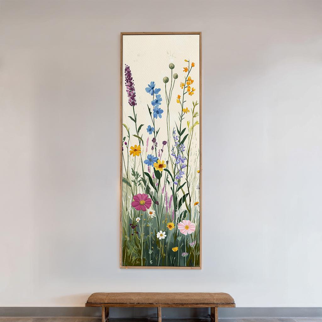 Wildflower Meadow Canvas Art | Impasto Botanical Print | Bohemian Wall Art For Living Room | Creamy Blush Art Long Vertical Art