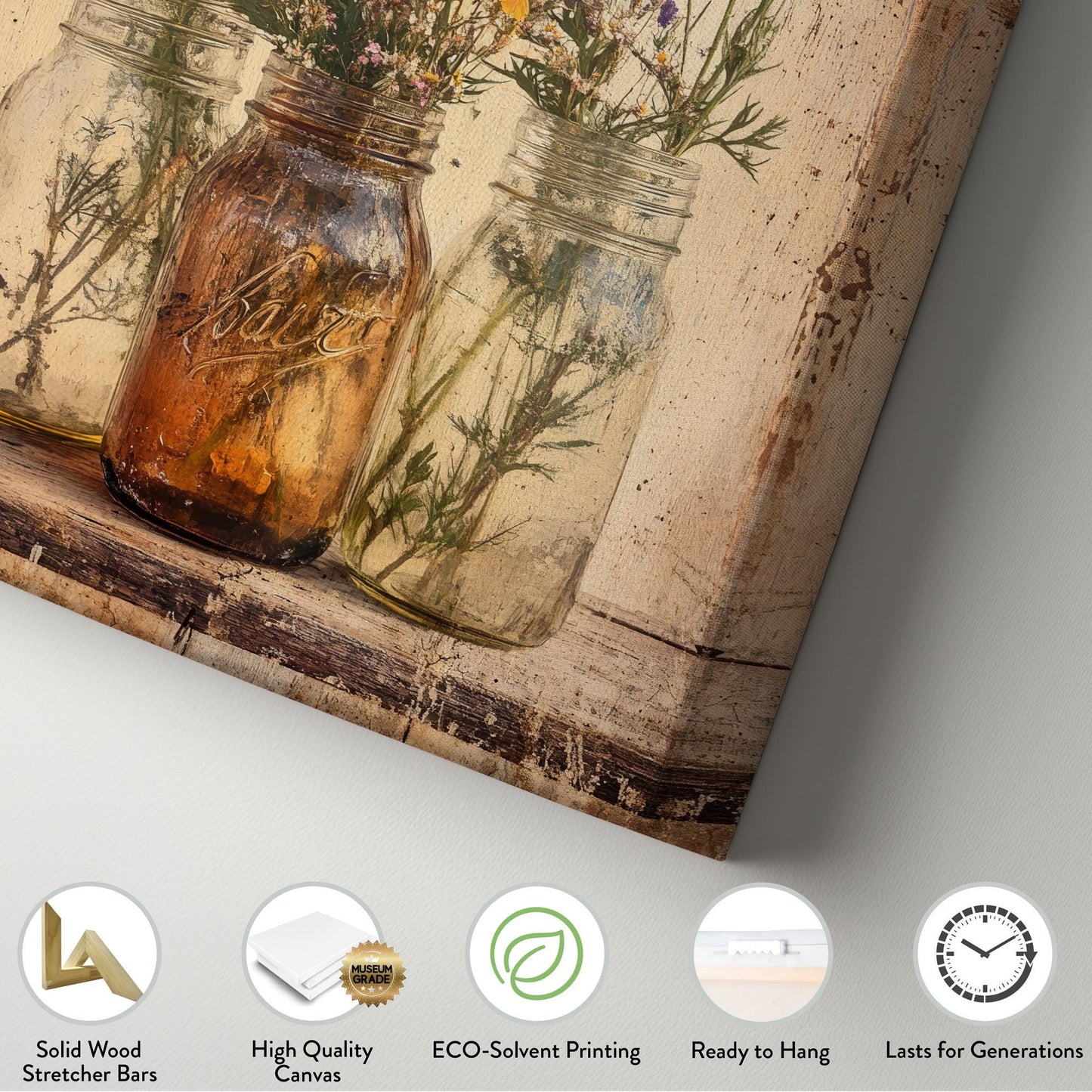 Wildflower Mason Jar Canvas Art | Vintage Botanical Print | Rustic Farmhouse Wall Art For Living Room | Amber Glass Art Vertical Canvas