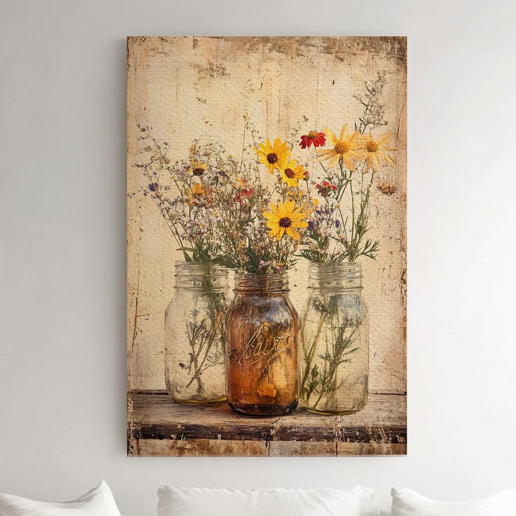 Wildflower Mason Jar Canvas Art | Vintage Botanical Print | Rustic Farmhouse Wall Art For Living Room | Amber Glass Art Vertical Canvas