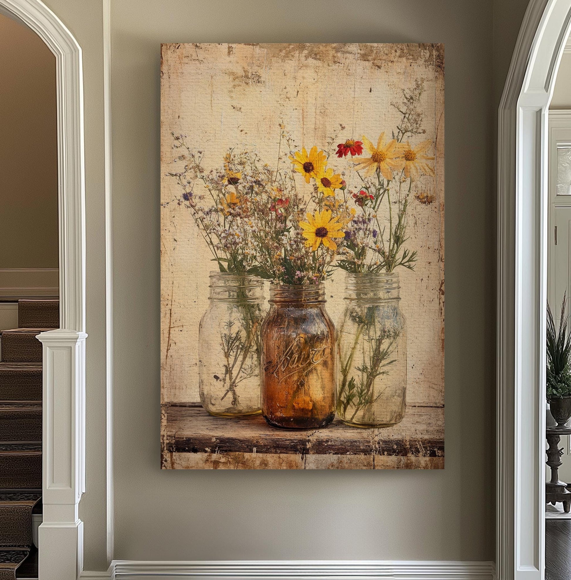 Wildflower Mason Jar Canvas Art | Vintage Botanical Print | Rustic Farmhouse Wall Art For Living Room | Amber Glass Art Vertical Canvas