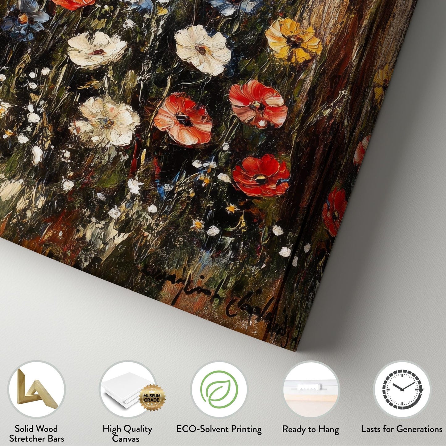 Wild Poppy Meadow Canvas Art | Impasto Oil Print | Bohemian Wall Art For Living Room | Creamy Oat Milk Art Long Vertical Art