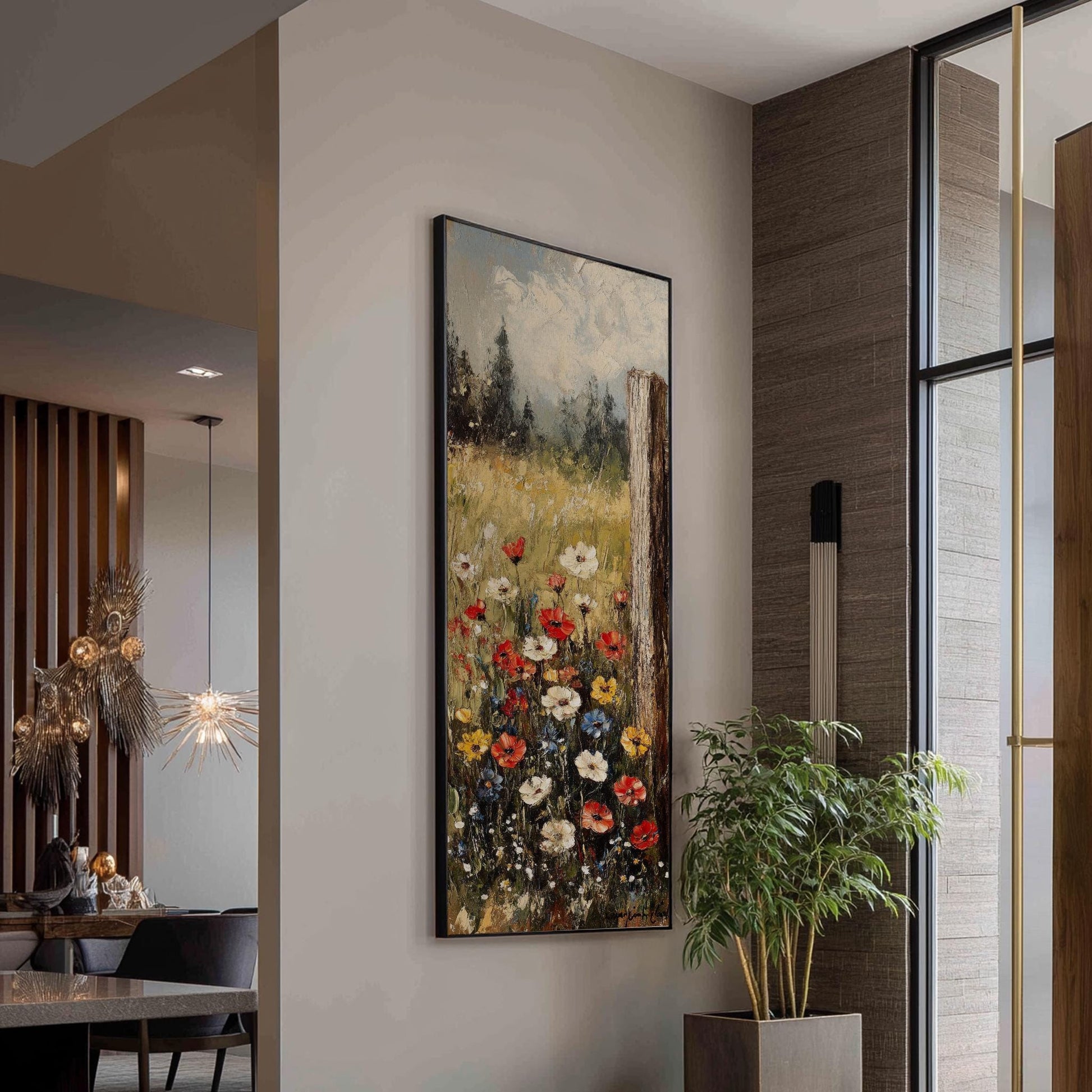 Wild Poppy Meadow Canvas Art | Impasto Oil Print | Bohemian Wall Art For Living Room | Creamy Oat Milk Art Long Vertical Art