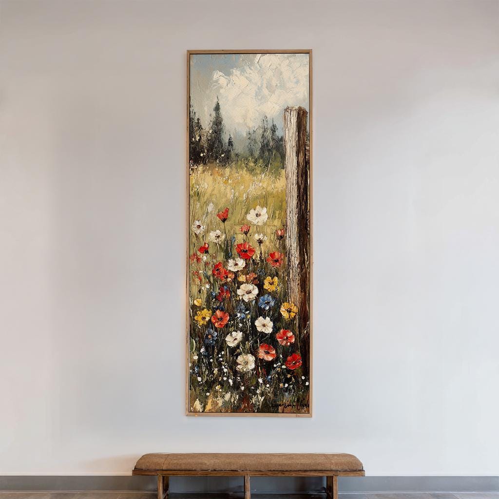 Wild Poppy Meadow Canvas Art | Impasto Oil Print | Bohemian Wall Art For Living Room | Creamy Oat Milk Art Long Vertical Art