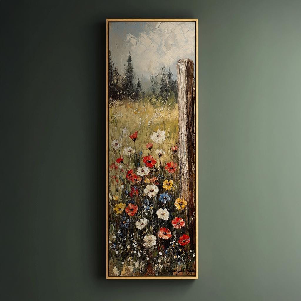 Wild Poppy Meadow Canvas Art | Impasto Oil Print | Bohemian Wall Art For Living Room | Creamy Oat Milk Art Long Vertical Art