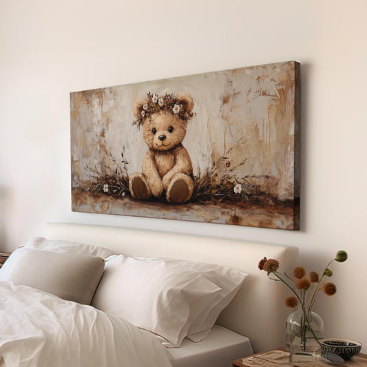 Whimsical Teddy Bear Canvas Art | Impasto Floral Print | Bohemian Wall Art For Nursery | Creamy Oatmilk Art Horizontal Art
