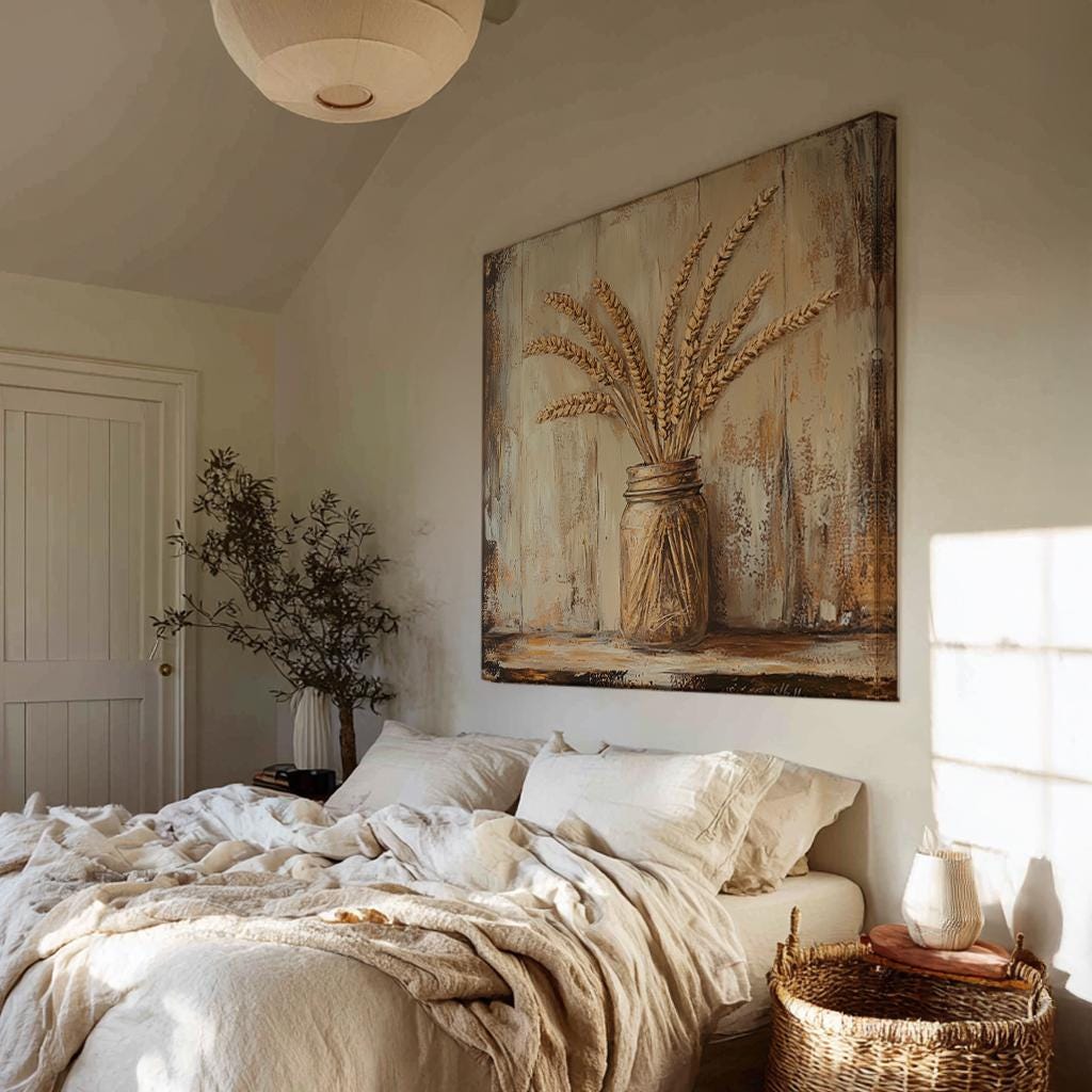 Wheat Sheaf Impasto Canvas Art | Textural Palette Knife Print | Bohemian Farmhouse Wall Art For Living Room Square Canvas Art