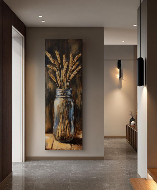 Wheat Sheaf Impasto Canvas Art | Textural Oil Print | Bohemian Farmhouse Wall Art For Above Couch | Golden Hour Wheat Art Long Vertical Art