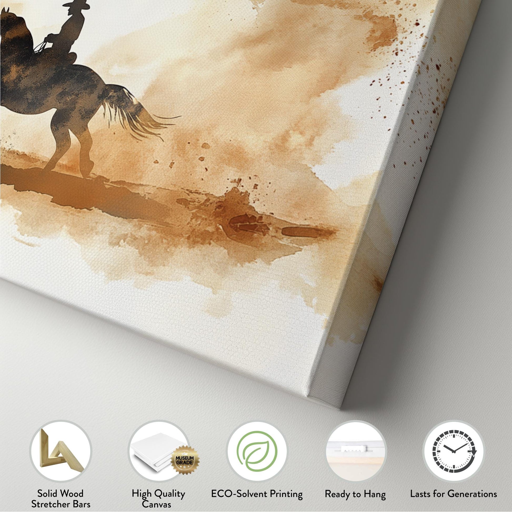 Western Equestrian Canvas Art | Watercolor Silhouette Print | Bohemian Ranch Wall Art For Living Room | Desert Sand Art Panoramic Wall Art