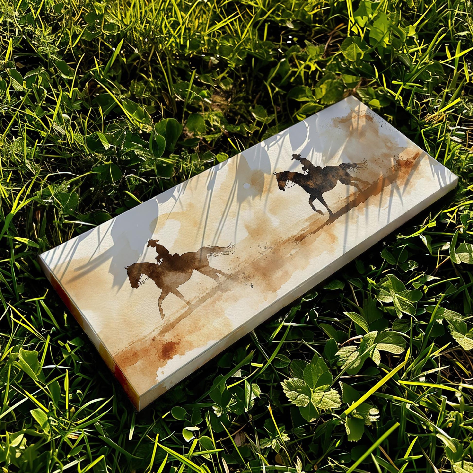 Western Equestrian Canvas Art | Watercolor Silhouette Print | Bohemian Ranch Wall Art For Living Room | Desert Sand Art Panoramic Wall Art