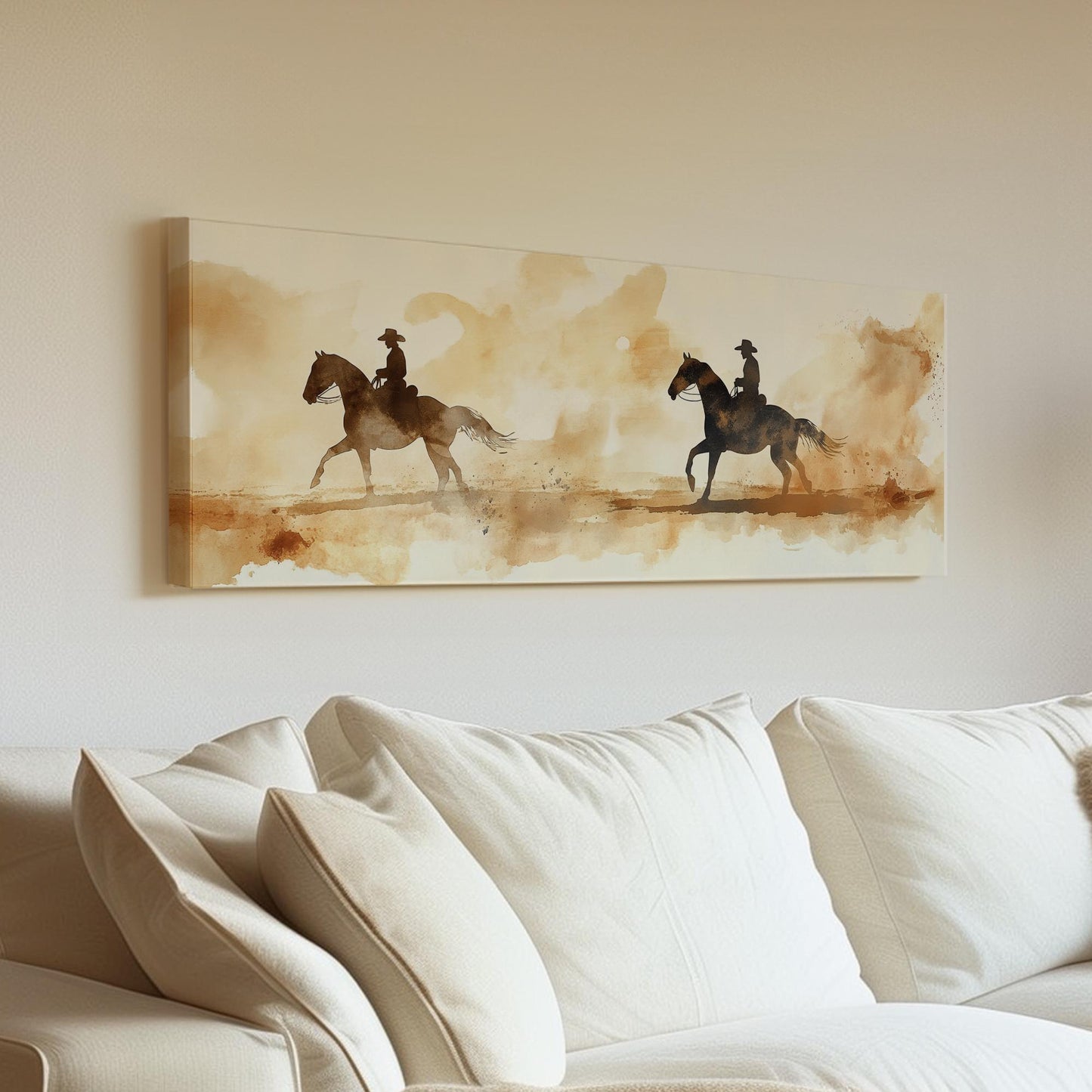 Western Equestrian Canvas Art | Watercolor Silhouette Print | Bohemian Ranch Wall Art For Living Room | Desert Sand Art Panoramic Wall Art