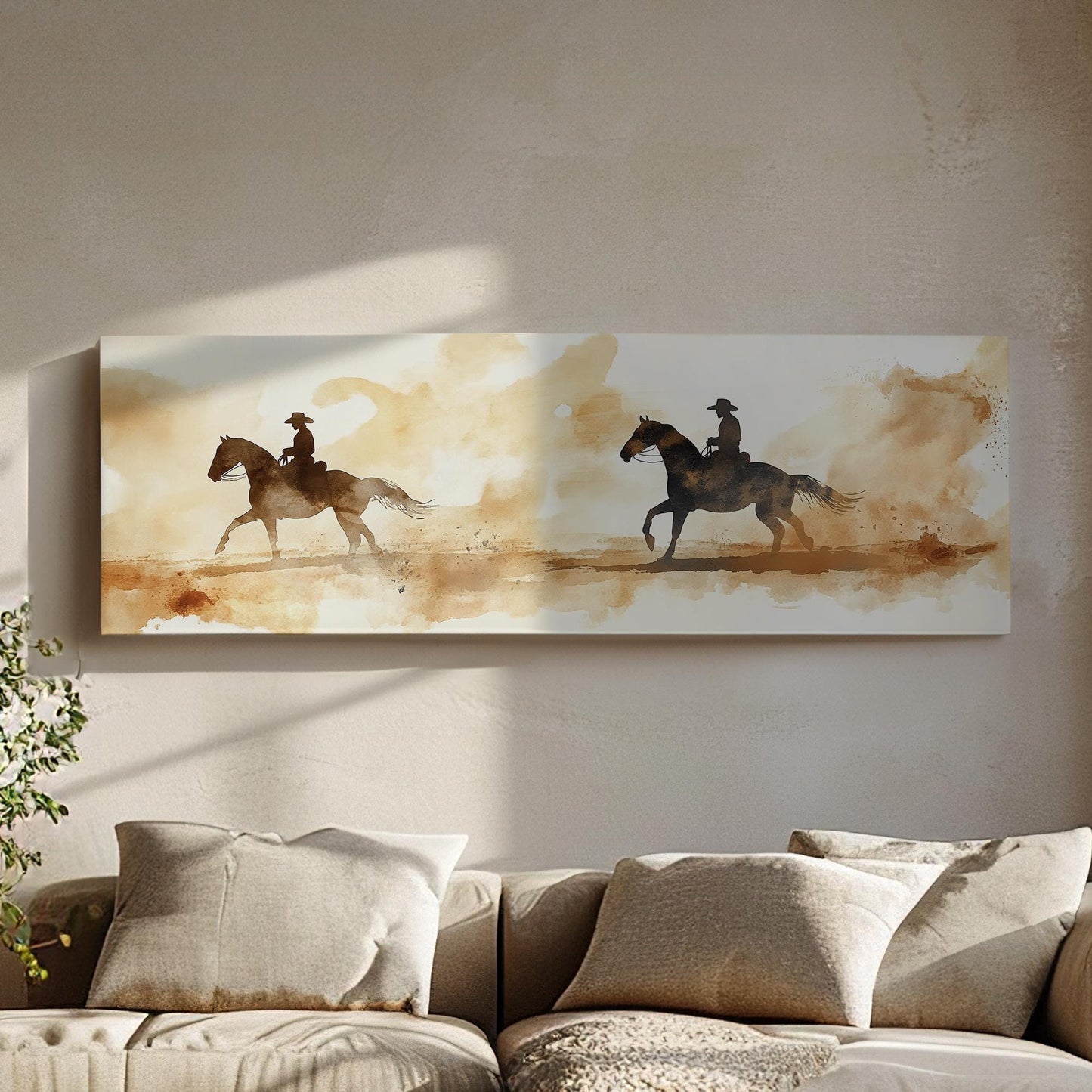 Western Equestrian Canvas Art | Watercolor Silhouette Print | Bohemian Ranch Wall Art For Living Room | Desert Sand Art Panoramic Wall Art