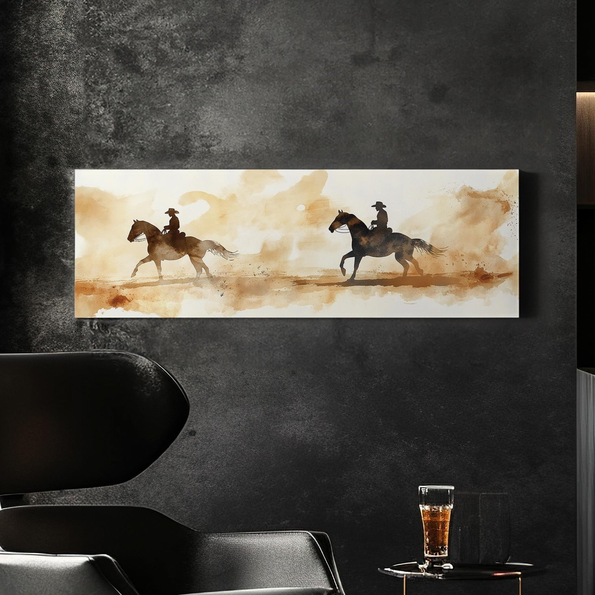 Western Equestrian Canvas Art | Watercolor Silhouette Print | Bohemian Ranch Wall Art For Living Room | Desert Sand Art Panoramic Wall Art