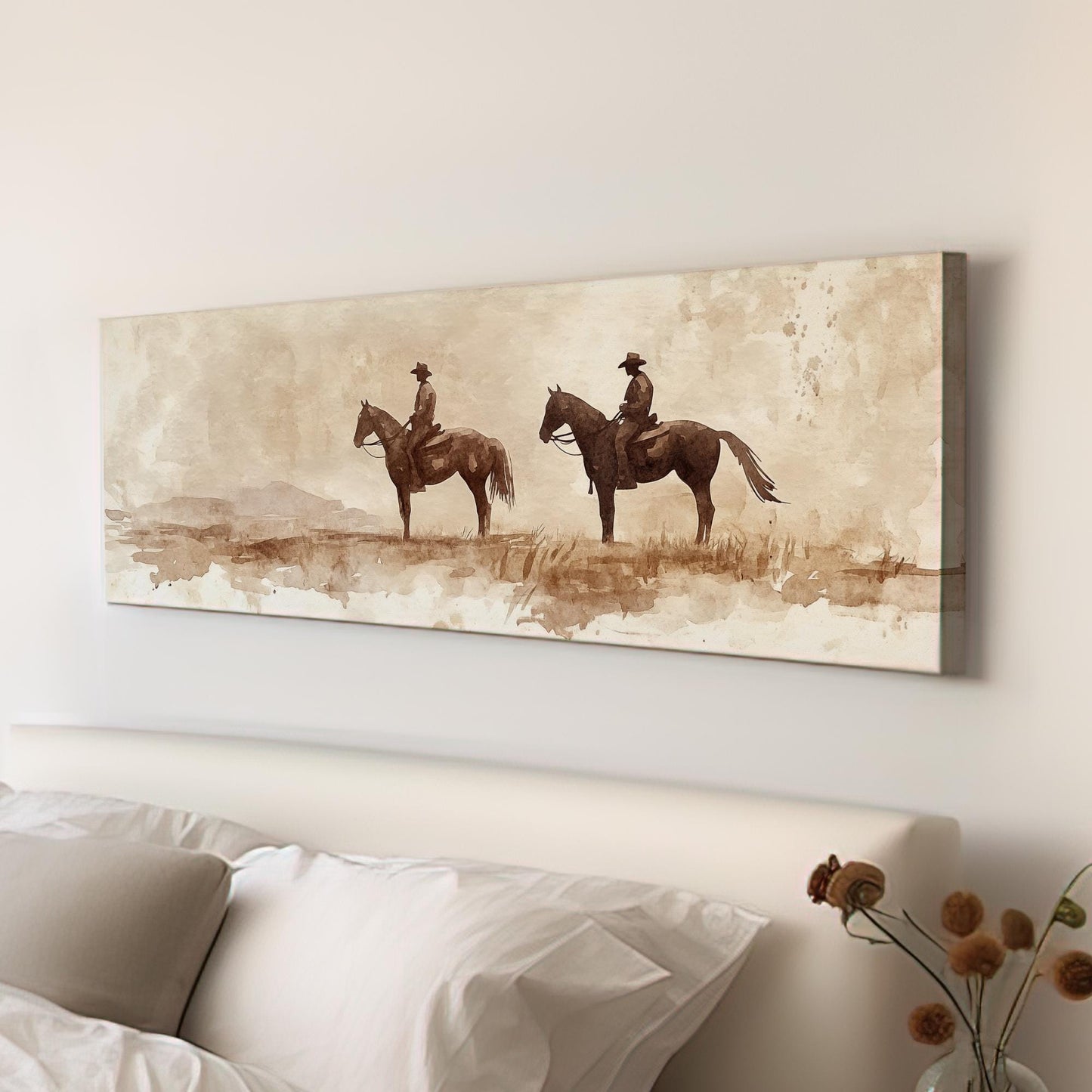 Western Cowboys Canvas Art | Watercolor Silhouette Print | Bohemian Ranch Wall Art For Above Couch | Sienna Oatmilk Art Panoramic Wall Art