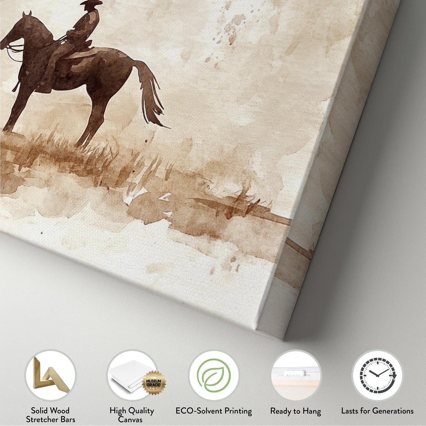 Western Cowboys Canvas Art | Watercolor Silhouette Print | Bohemian Ranch Wall Art For Above Couch | Sienna Oatmilk Art Panoramic Wall Art