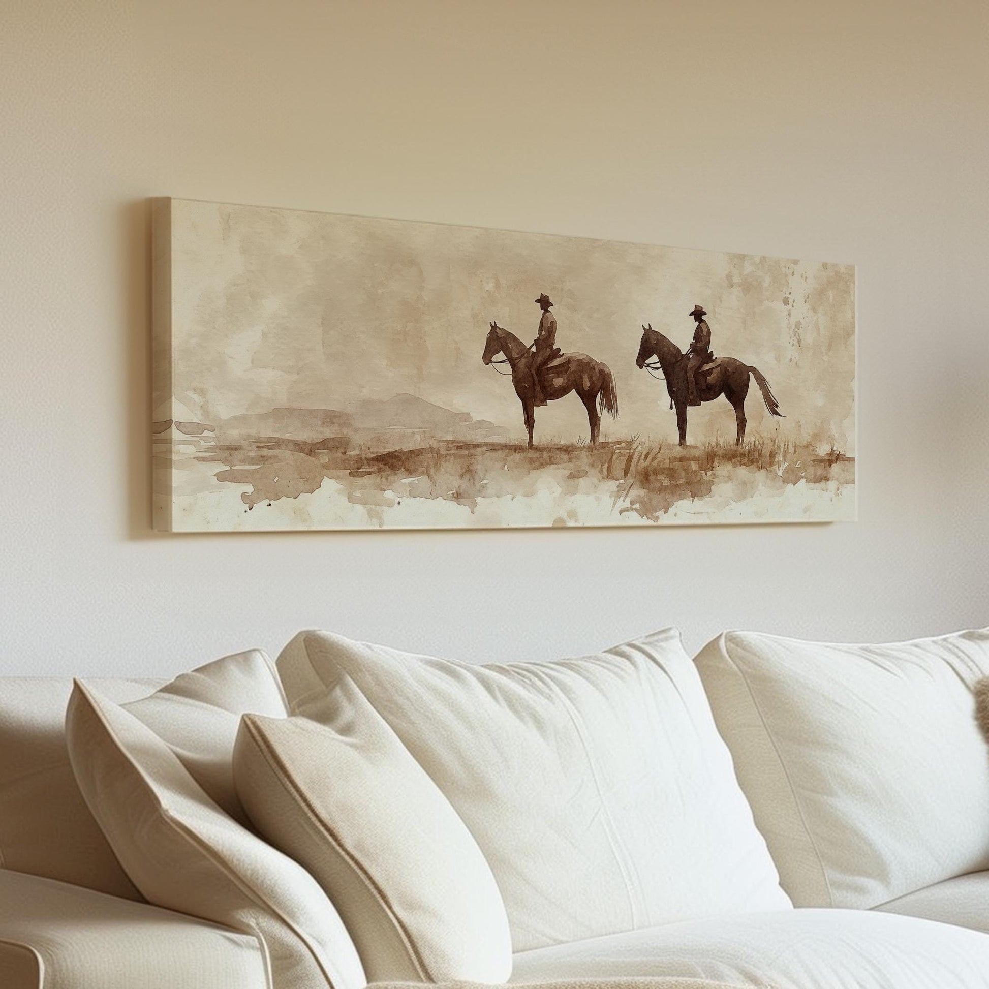 Western Cowboys Canvas Art | Watercolor Silhouette Print | Bohemian Ranch Wall Art For Above Couch | Sienna Oatmilk Art Panoramic Wall Art