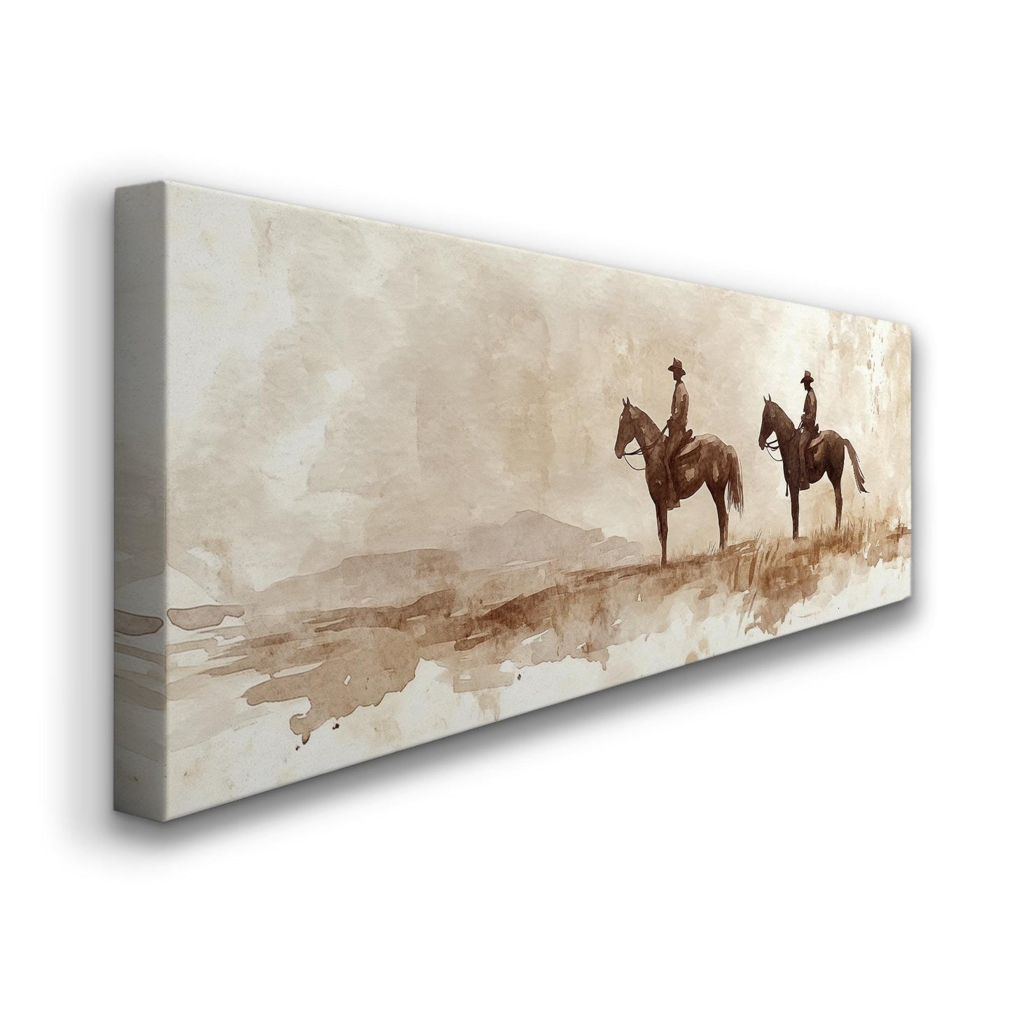 Western Cowboys Canvas Art | Watercolor Silhouette Print | Bohemian Ranch Wall Art For Above Couch | Sienna Oatmilk Art Panoramic Wall Art