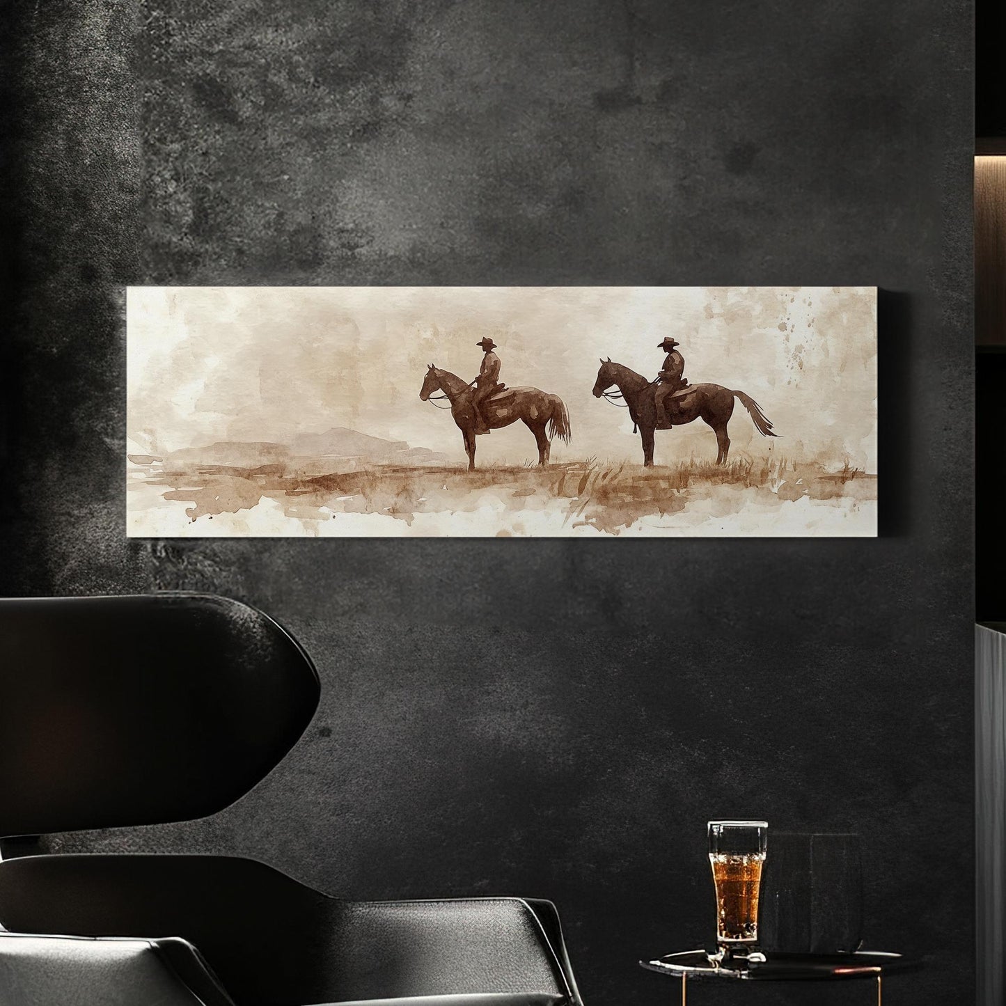Western Cowboys Canvas Art | Watercolor Silhouette Print | Bohemian Ranch Wall Art For Above Couch | Sienna Oatmilk Art Panoramic Wall Art