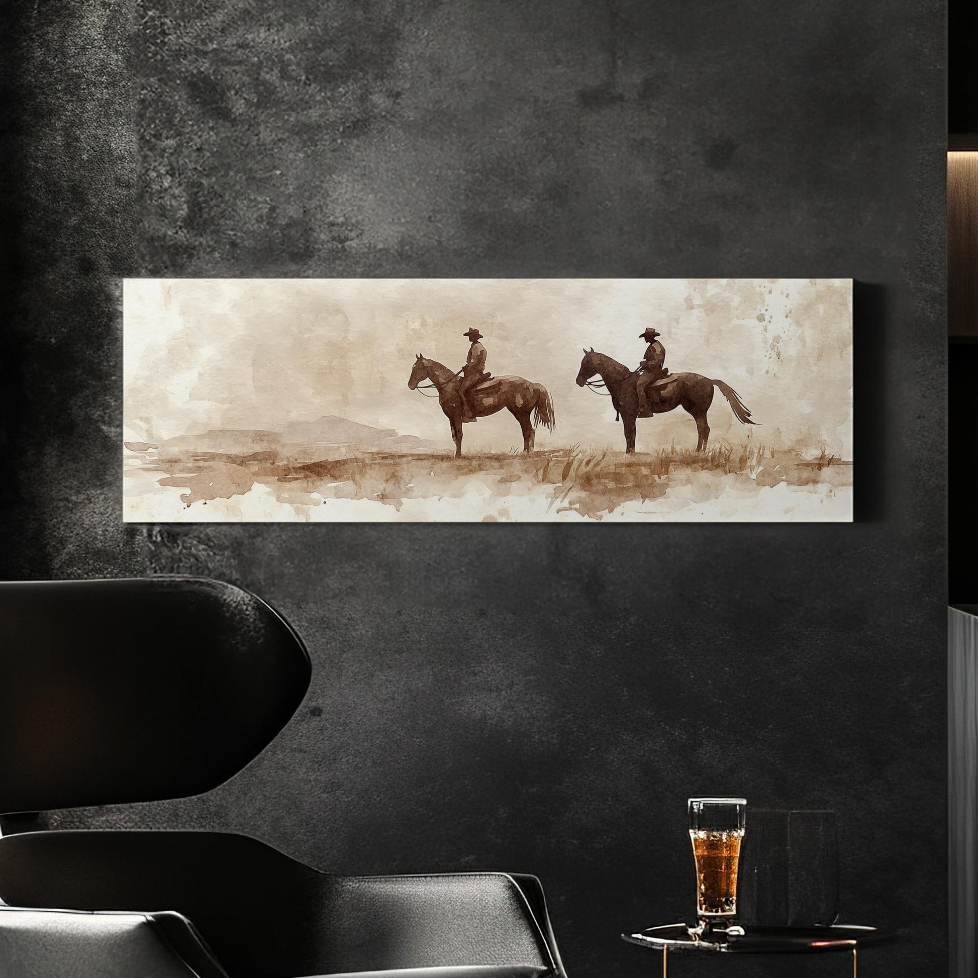 Western Cowboys Canvas Art | Watercolor Silhouette Print | Bohemian Ranch Wall Art For Above Couch | Sienna Oatmilk Art Panoramic Wall Art