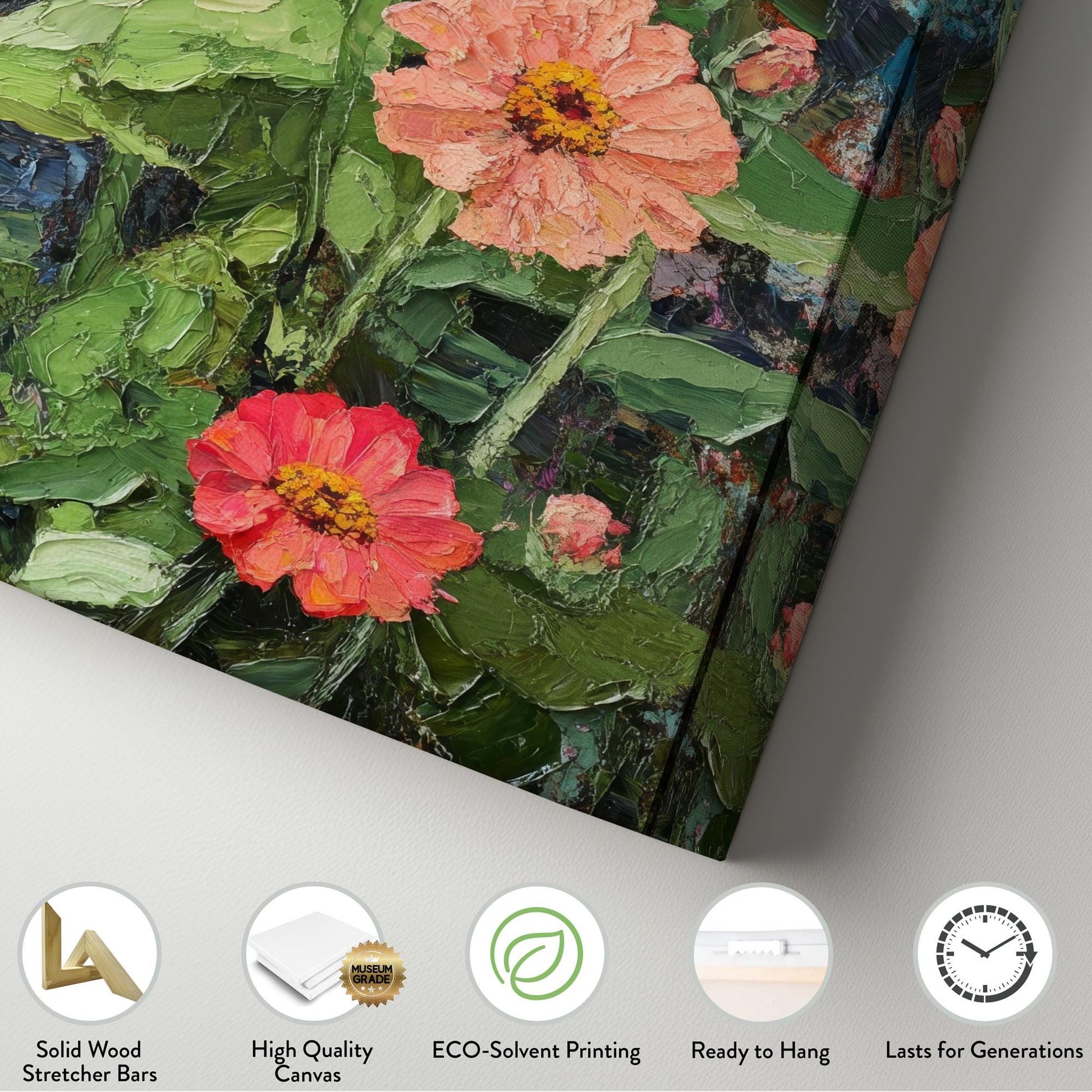 Vibrant Zinia Garden Canvas Art | Impasto Palette Knife Print | Bohemian Eclectic Wall Art For Living Room Long Vertical Art