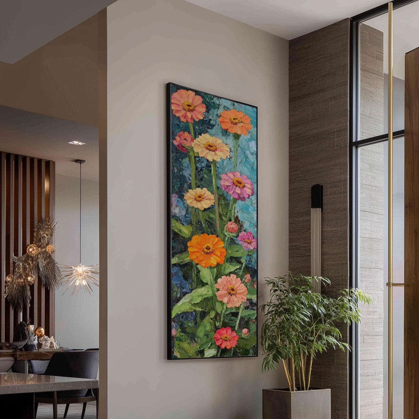 Vibrant Zinia Garden Canvas Art | Impasto Palette Knife Print | Bohemian Eclectic Wall Art For Living Room Long Vertical Art