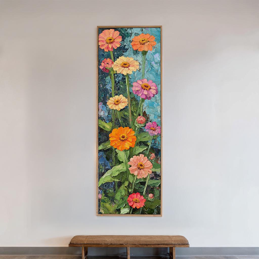 Vibrant Zinia Garden Canvas Art | Impasto Palette Knife Print | Bohemian Eclectic Wall Art For Living Room Long Vertical Art