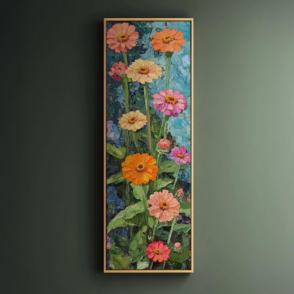 Vibrant Zinia Garden Canvas Art | Impasto Palette Knife Print | Bohemian Eclectic Wall Art For Living Room Long Vertical Art