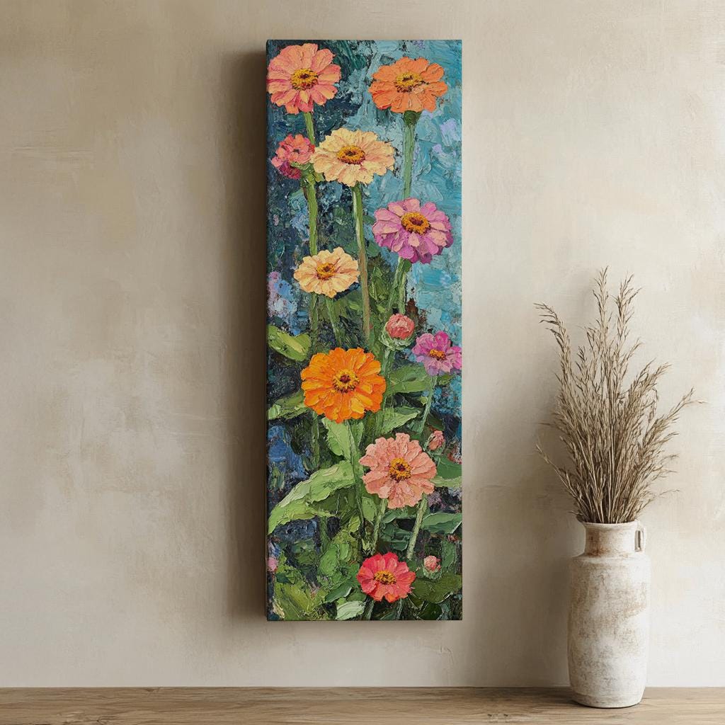 Vibrant Zinia Garden Canvas Art | Impasto Palette Knife Print | Bohemian Eclectic Wall Art For Living Room Long Vertical Art