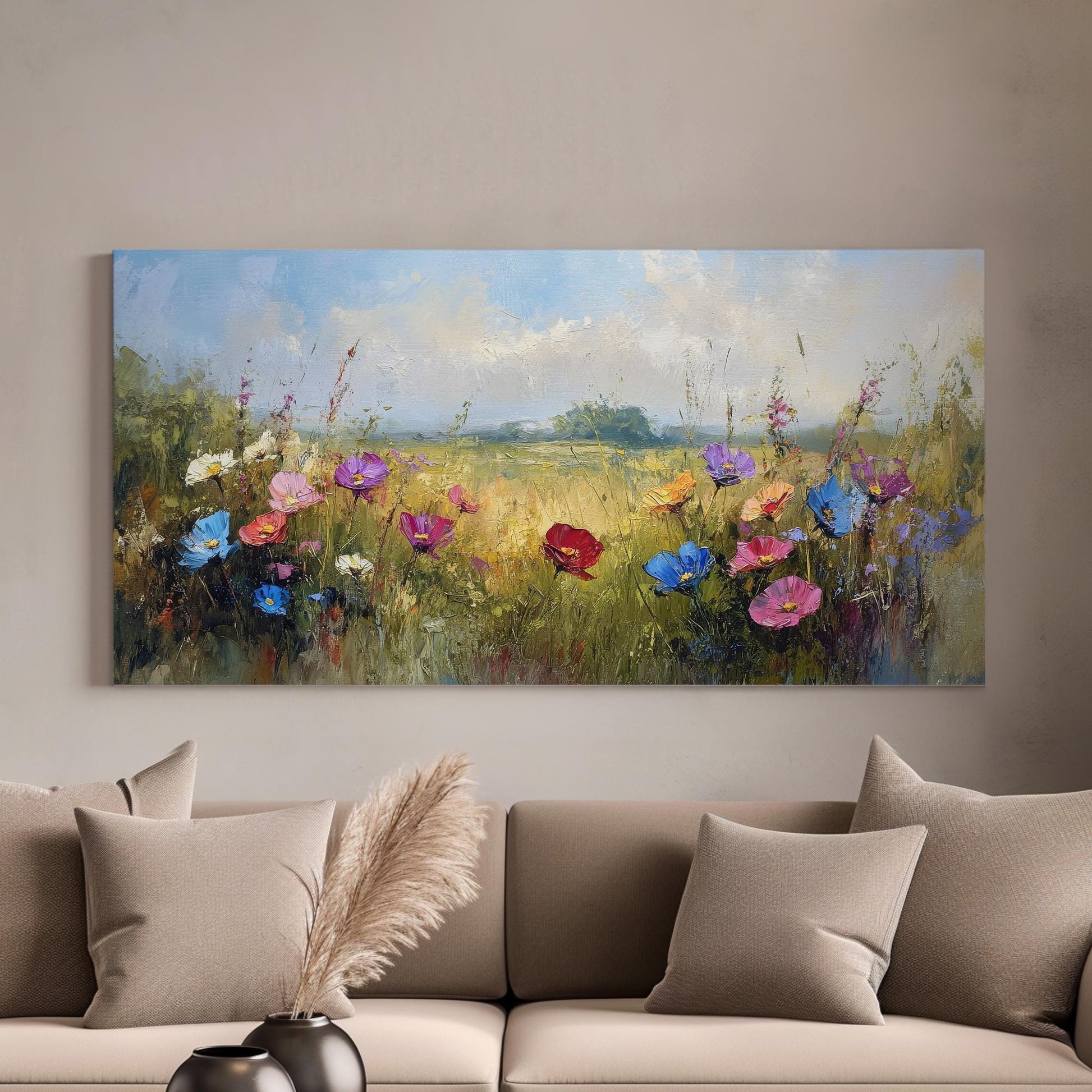 Vibrant Wildflower Meadow Canvas Art | Impasto Floral Print | Bohemian Wall Art For Living Room | Honeycomb Hues Art Horizontal Art