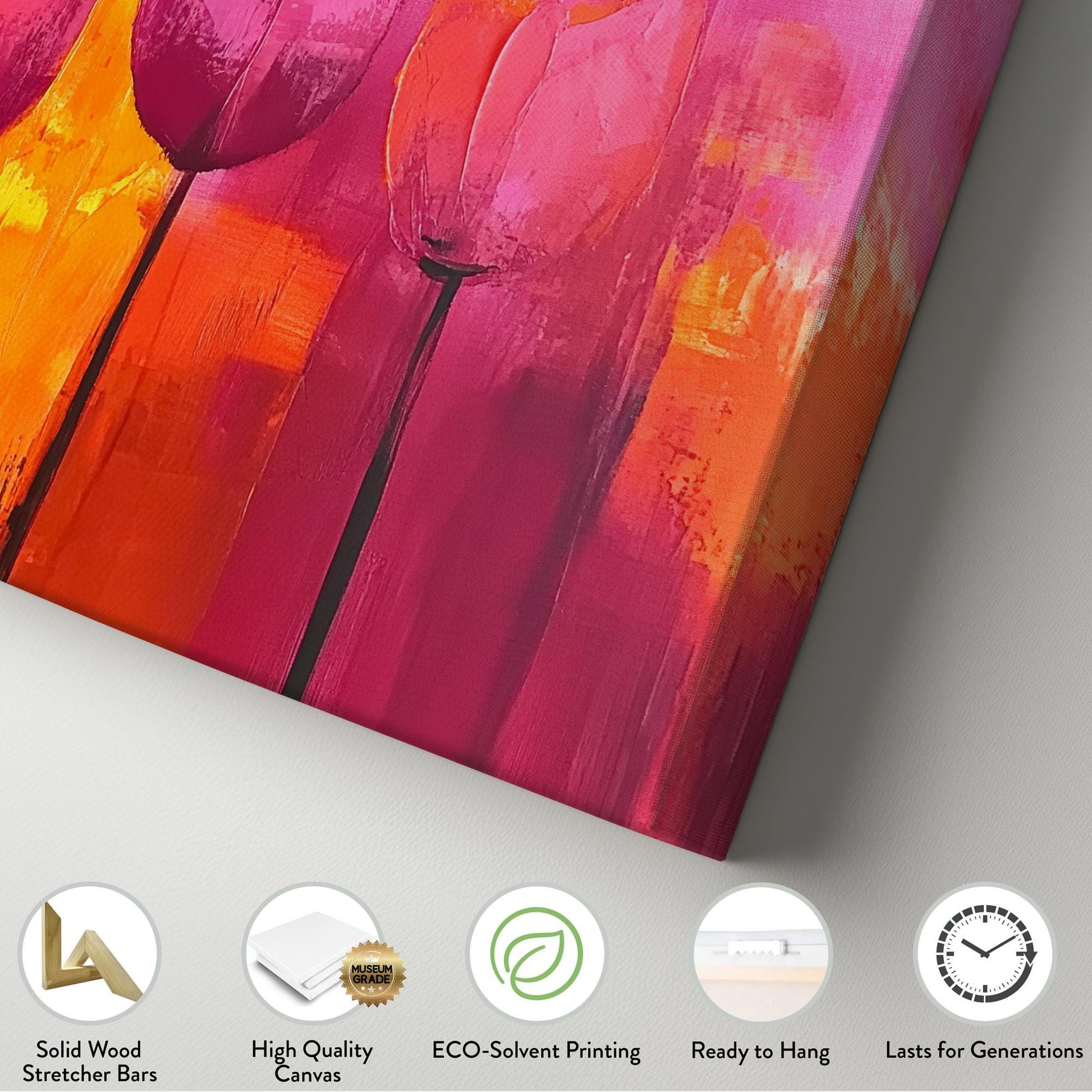 Vibrant Tulip Canvas Art | Impasto Print | Bohemian Modern Wall Art For Living Room | Sunset Orange Crimson Art Horizontal Art