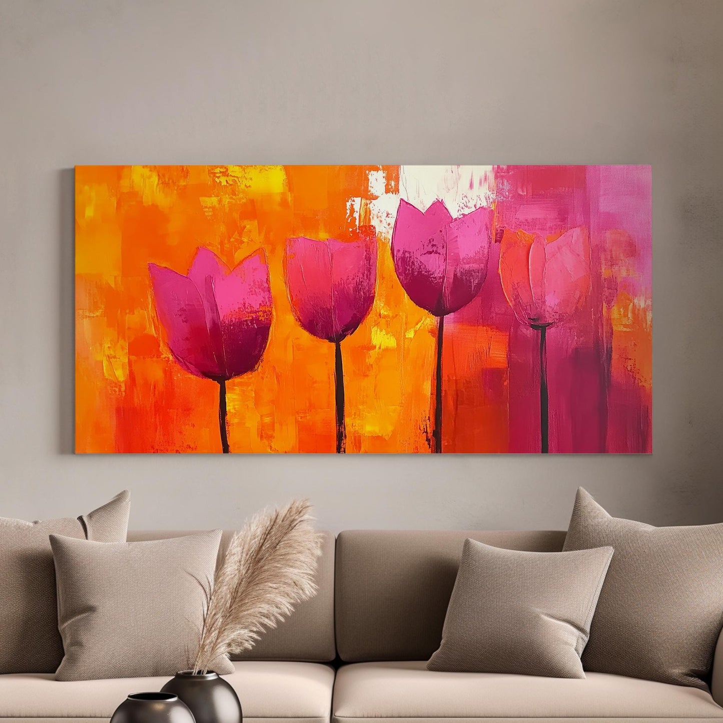 Vibrant Tulip Canvas Art | Impasto Print | Bohemian Modern Wall Art For Living Room | Sunset Orange Crimson Art Horizontal Art