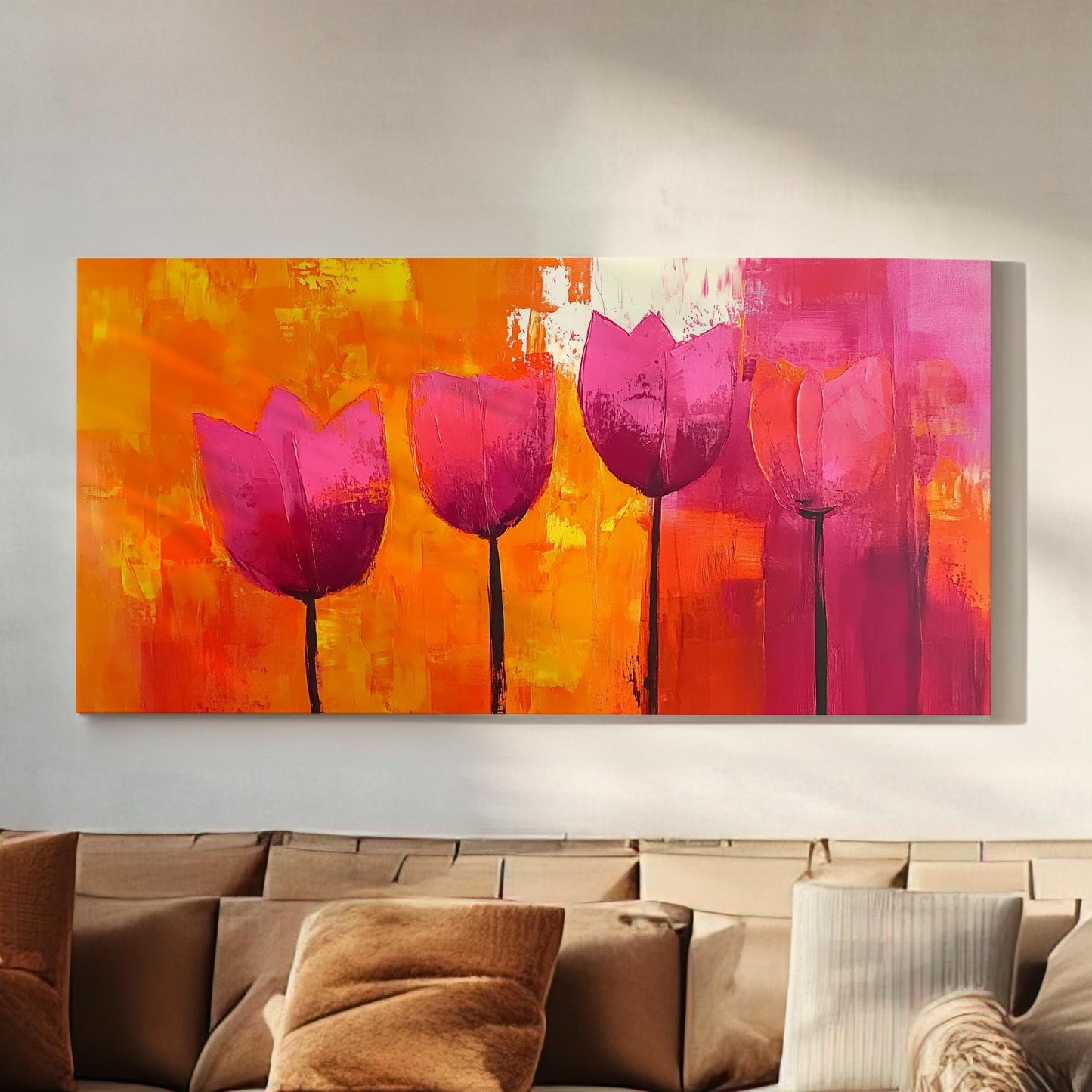 Vibrant Tulip Canvas Art | Impasto Print | Bohemian Modern Wall Art For Living Room | Sunset Orange Crimson Art Horizontal Art