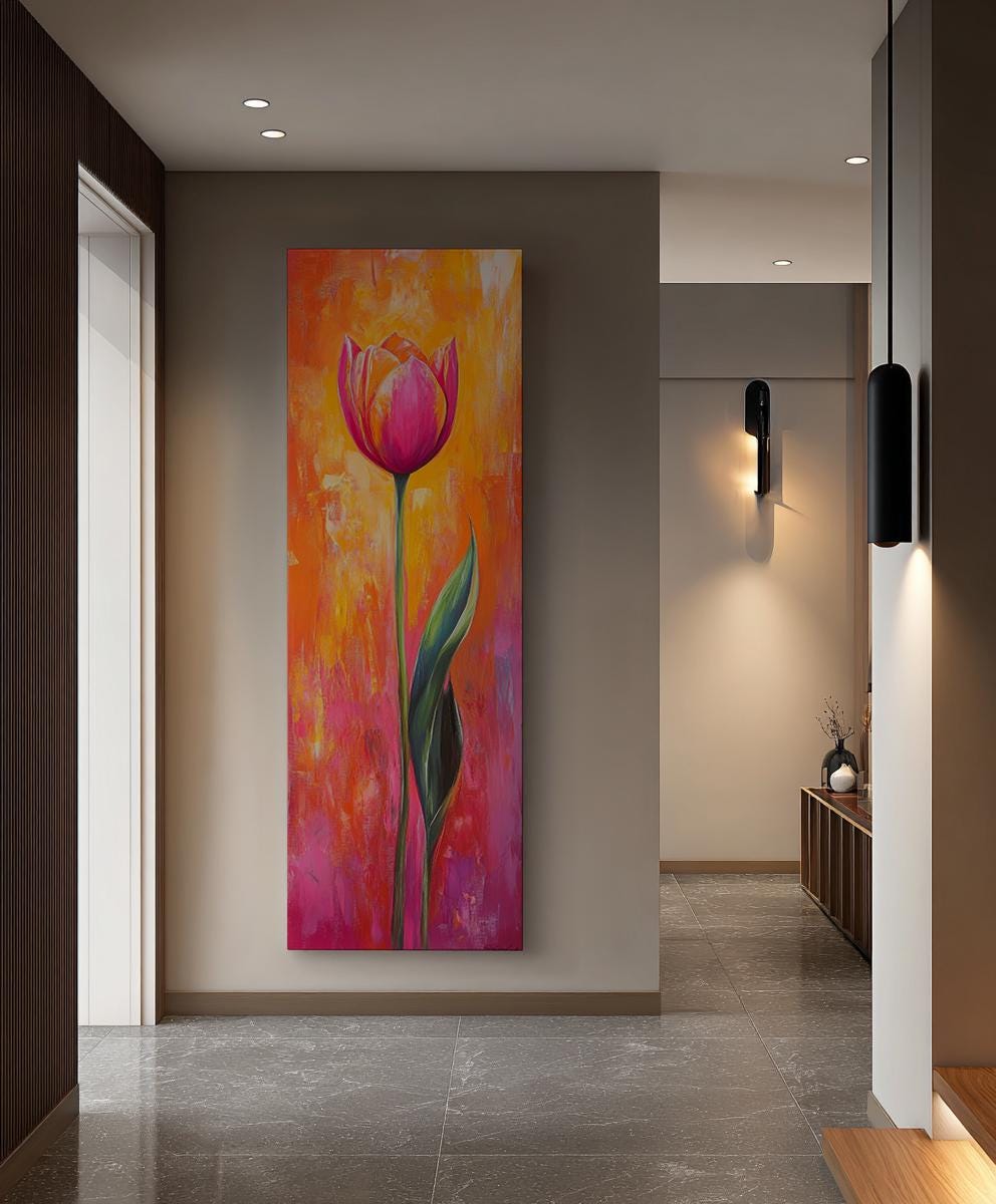 Vibrant Tulip Canvas Art | Impasto Floral Print | Bohemian Maximalist Wall Art For Living Room | Sunset Coral Art Long Vertical Art