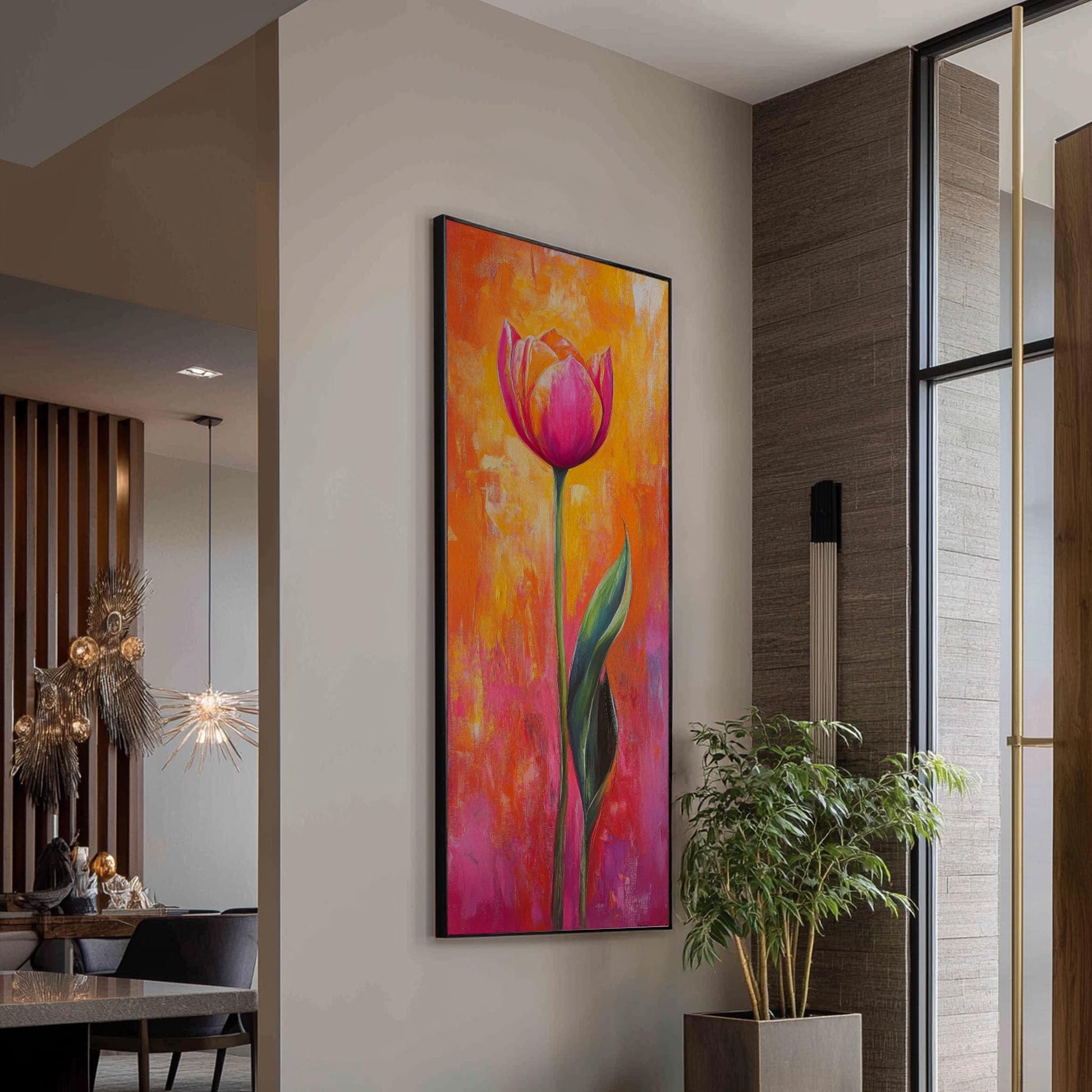 Vibrant Tulip Canvas Art | Impasto Floral Print | Bohemian Maximalist Wall Art For Living Room | Sunset Coral Art Long Vertical Art