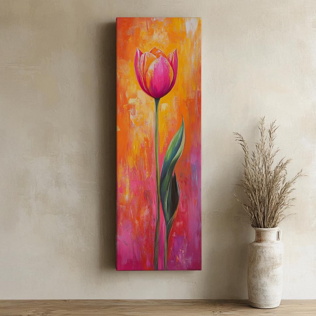 Vibrant Tulip Canvas Art | Impasto Floral Print | Bohemian Maximalist Wall Art For Living Room | Sunset Coral Art Long Vertical Art