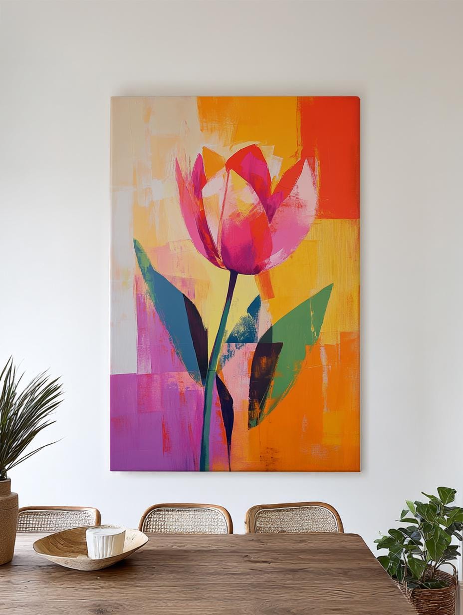 Vibrant Tulip Canvas Art | Impasto Abstract Print | Mid Century Modern Wall Art For Living Room | Tangerine Coral Art Vertical Canvas