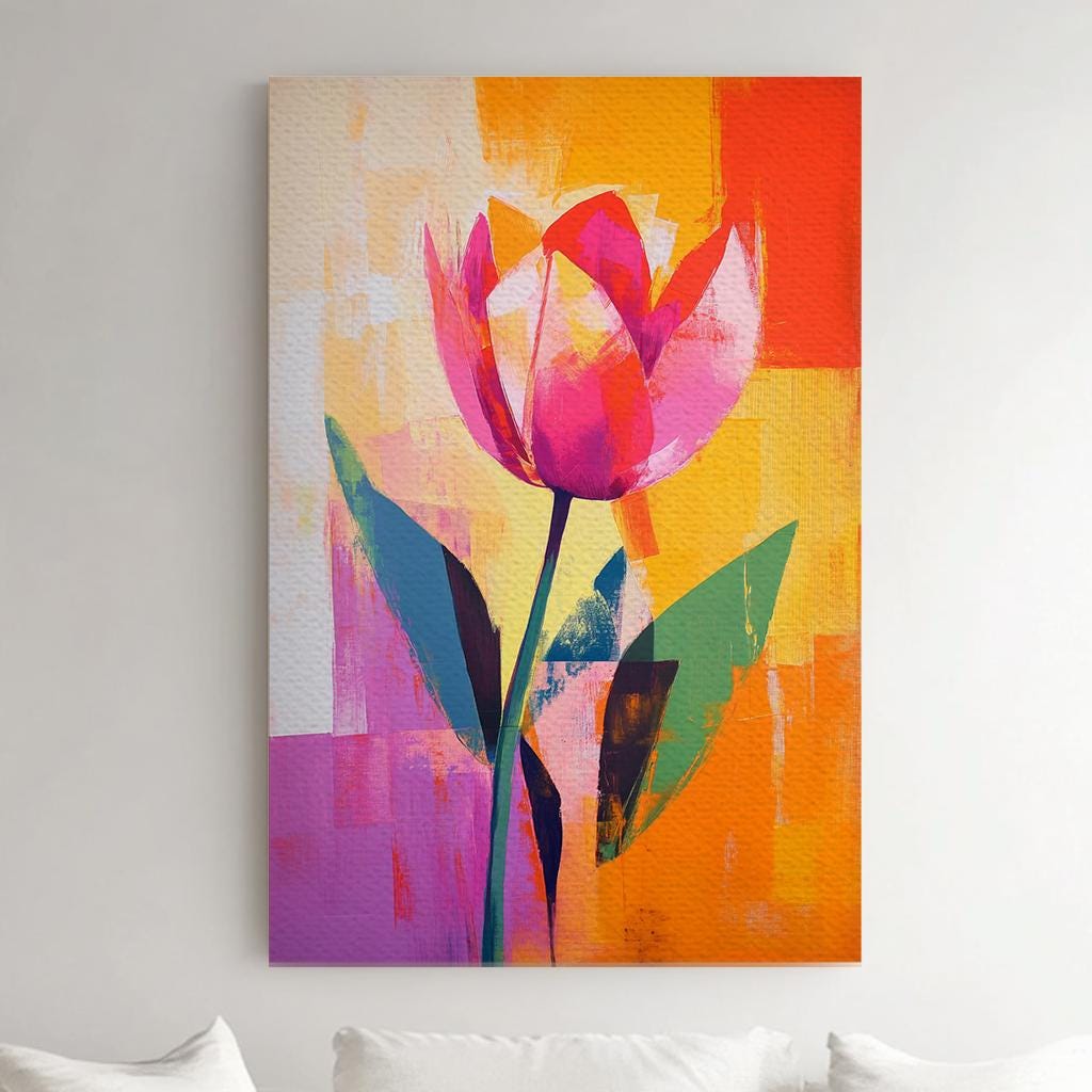 Vibrant Tulip Canvas Art | Impasto Abstract Print | Mid Century Modern Wall Art For Living Room | Tangerine Coral Art Vertical Canvas