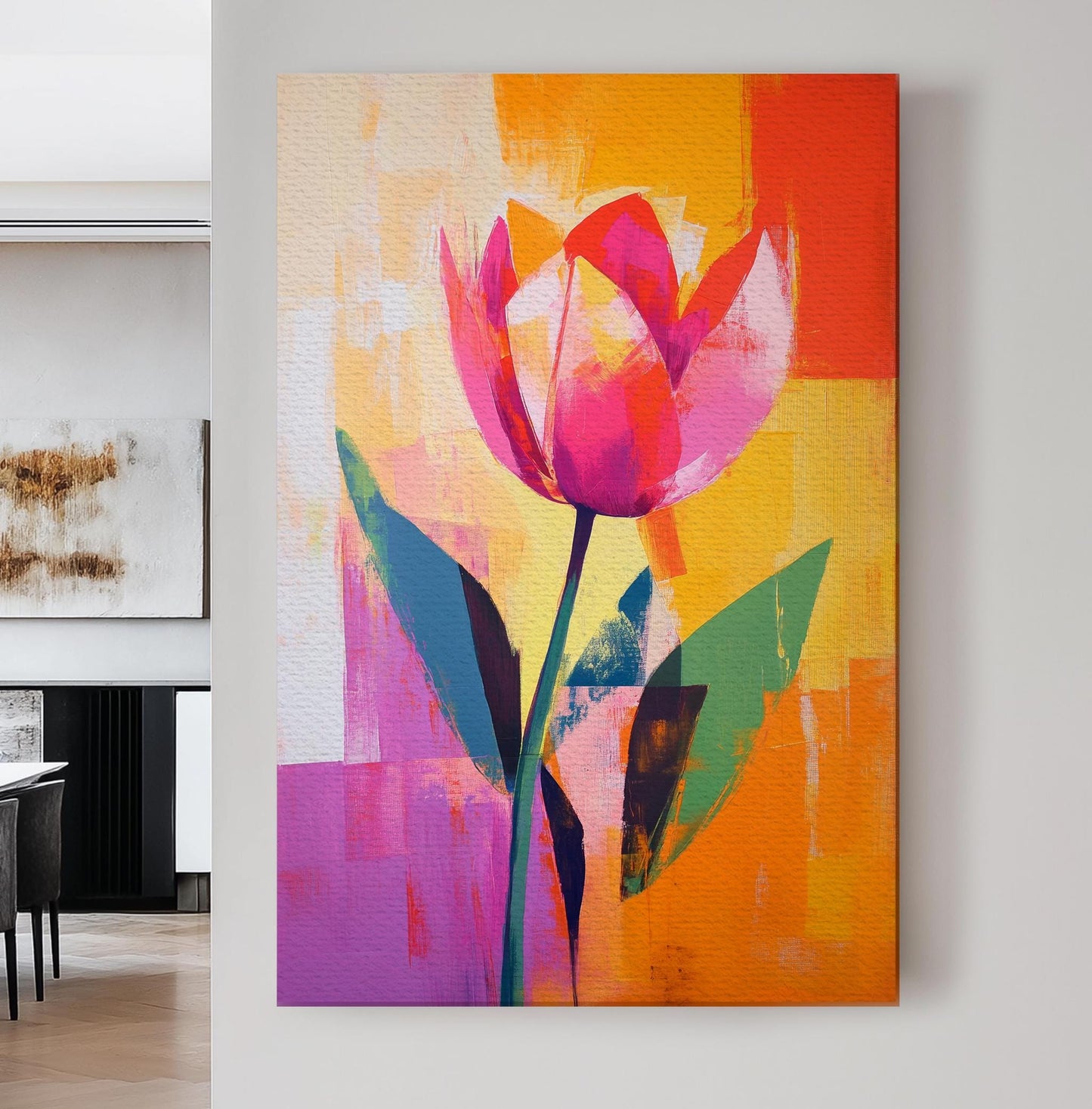 Vibrant Tulip Canvas Art | Impasto Abstract Print | Mid Century Modern Wall Art For Living Room | Tangerine Coral Art Vertical Canvas