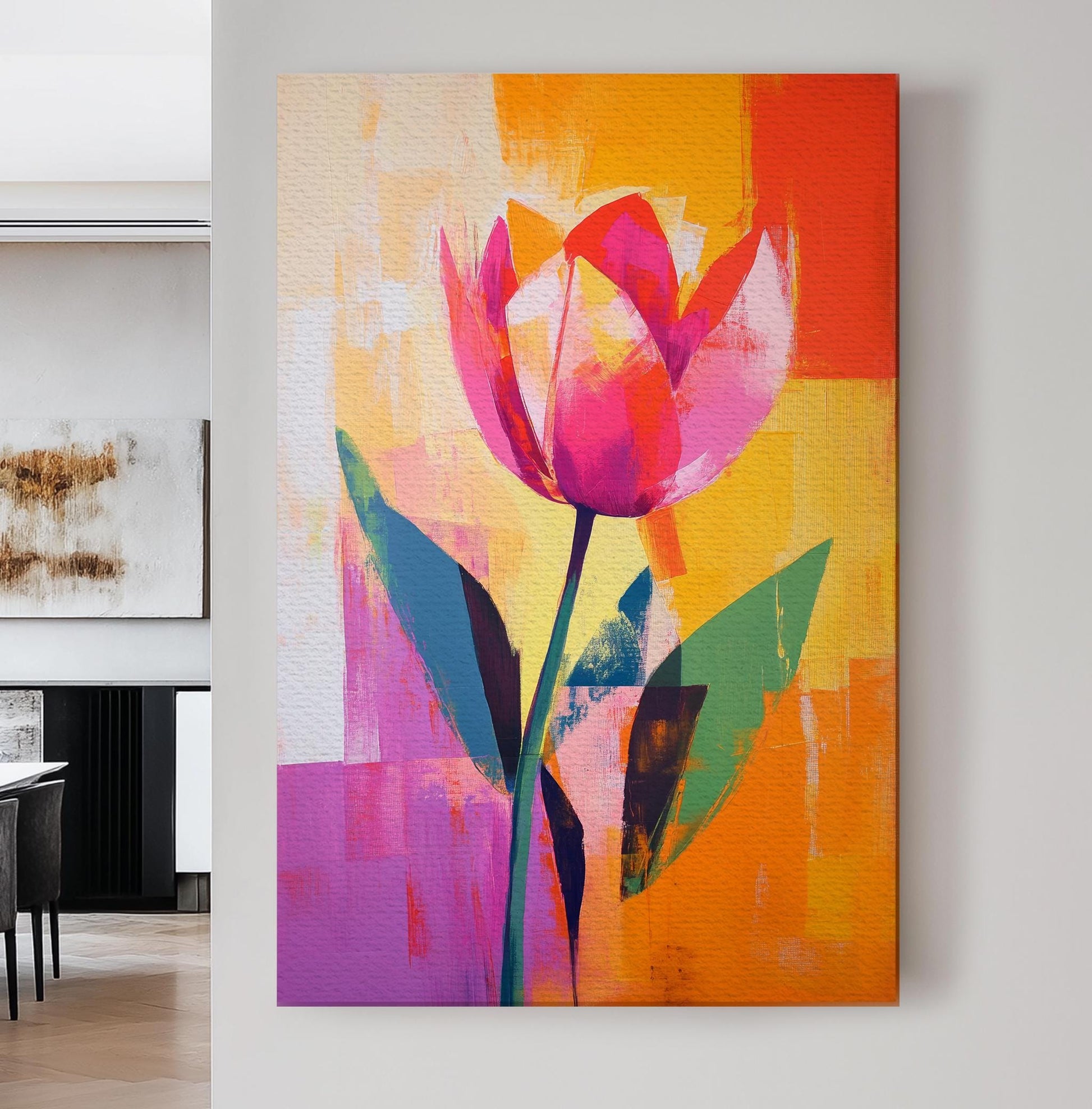 Vibrant Tulip Canvas Art | Impasto Abstract Print | Mid Century Modern Wall Art For Living Room | Tangerine Coral Art Vertical Canvas