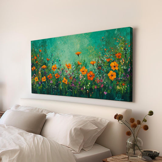 Vibrant Poppy Meadow Canvas Art | Impasto Floral Print | Bohemian Wall Art For Living Room | Jadeite Green Art Horizontal Art