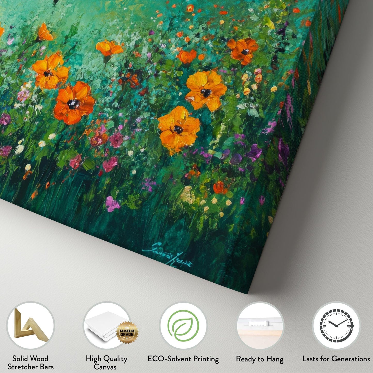 Vibrant Poppy Meadow Canvas Art | Impasto Floral Print | Bohemian Wall Art For Living Room | Jadeite Green Art Horizontal Art