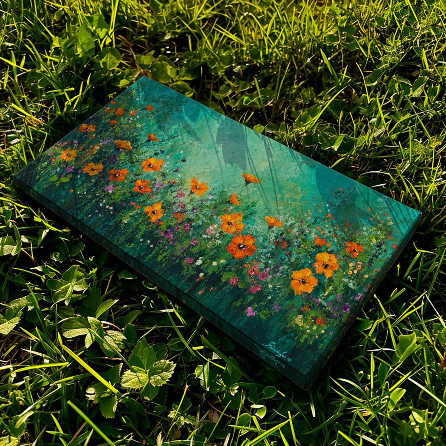 Vibrant Poppy Meadow Canvas Art | Impasto Floral Print | Bohemian Wall Art For Living Room | Jadeite Green Art Horizontal Art