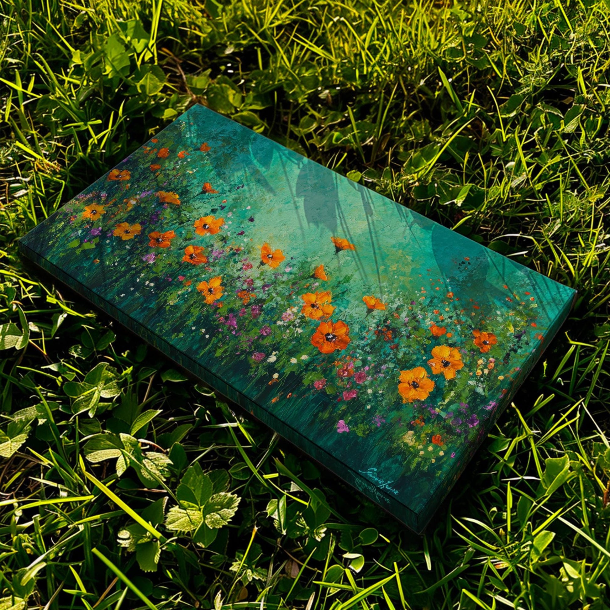 Vibrant Poppy Meadow Canvas Art | Impasto Floral Print | Bohemian Wall Art For Living Room | Jadeite Green Art Horizontal Art